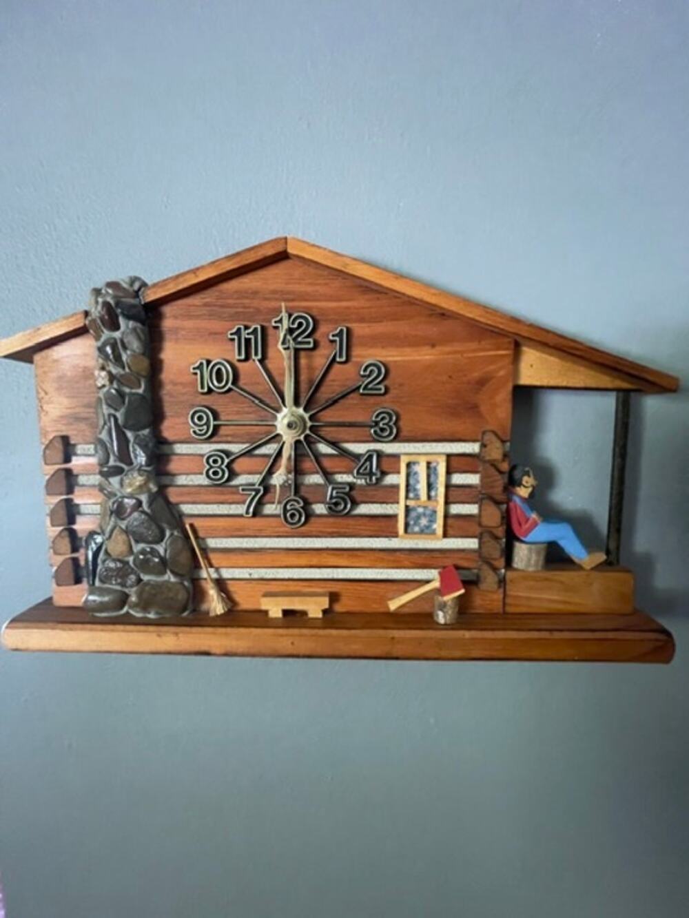 Vintage 1992 Bob Bolduc Handmade Log Cabin Wall Clock Folk Art Wood 16" Rustic
